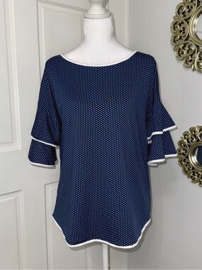 Collection B Navy Polka Dot Ruffle Sleeve Blouse with White Trim Size L.